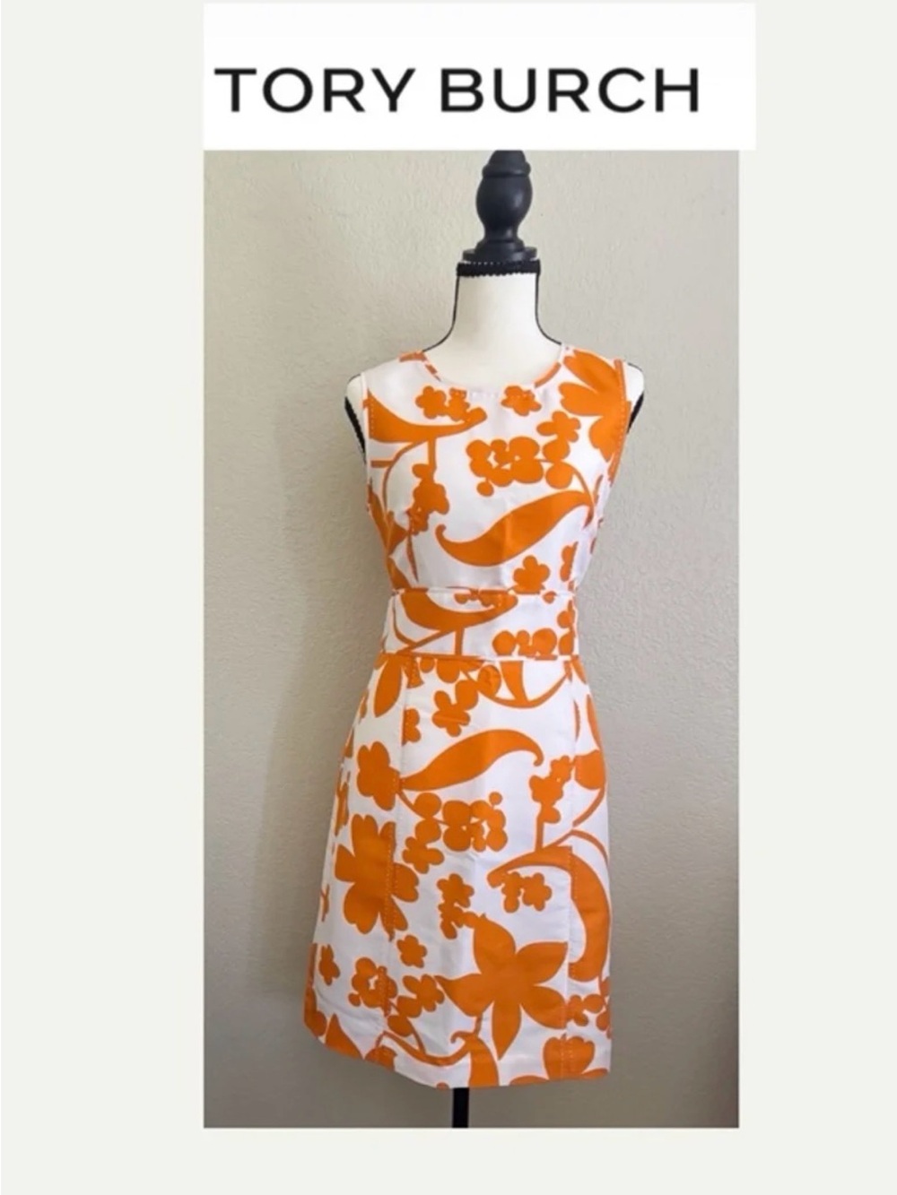Tory Burch Chase Silk Sleeveless Dress Size 8 Orange/White